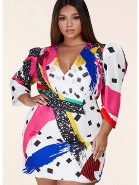 L'ATISTE White Multicolor Abstract Print Midi Dress